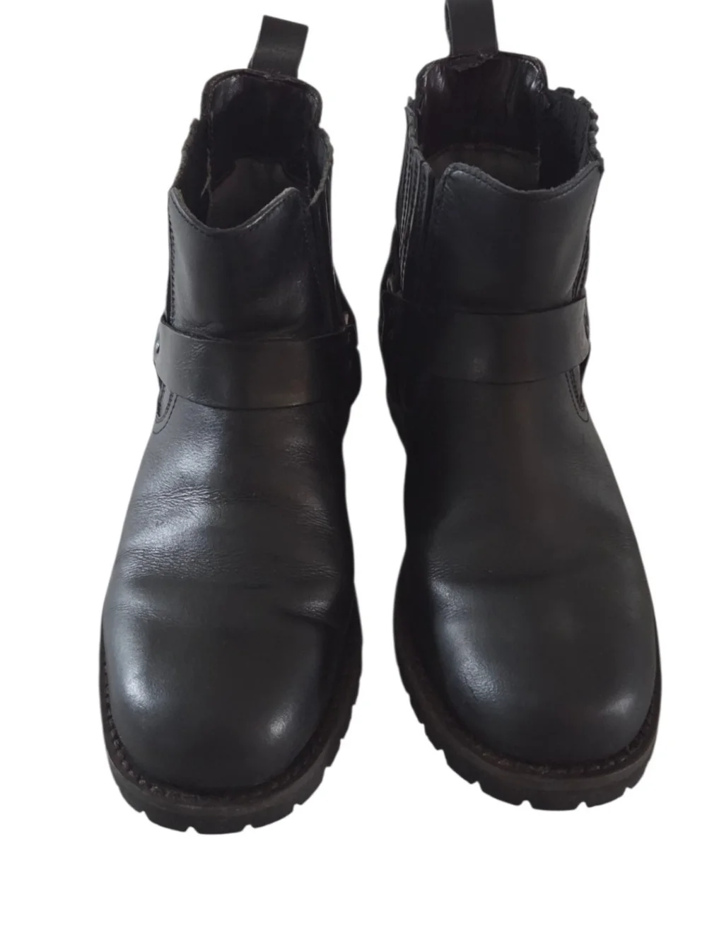 GBX Mens Black Leather Harness Chelsea Ankle Boots Size 10 Lug Sole Moto
